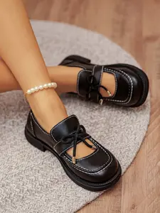 Women's Fashion Low Heel Loafers, Round Toe PU Leather Shoes, Spring & Fall Casual Footwear, One-Step Slip-On Design