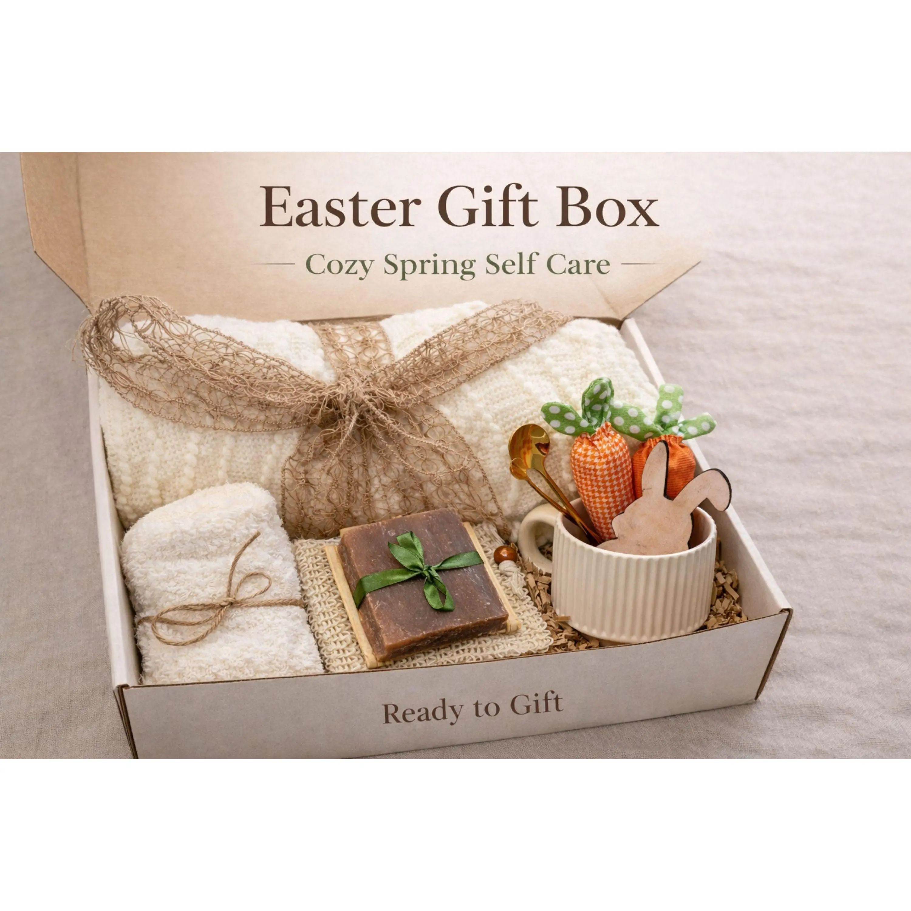 Women's Easter Gift Box with Handcrafted Artisan Items, Carrot Accents - Cozy Spring Self Care Gift for Home, Festive Occasions