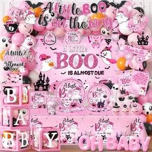 Pink Halloween Baby Shower Decorations Girl, All-in-1 A Little Boo is Almost Due Baby Shower Decorations with Balloon Arch Kit Baby Boxes Plates Napkins Cake Toppers Tablecloth Backdrop Spooky Decor