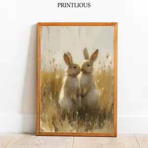 Bunnies in a Field Art Spring Bunny Rabbits Decor Vintage Easter Print Printable Farmhouse Decor Vintage Bunny Painting Easter Nursery Decor