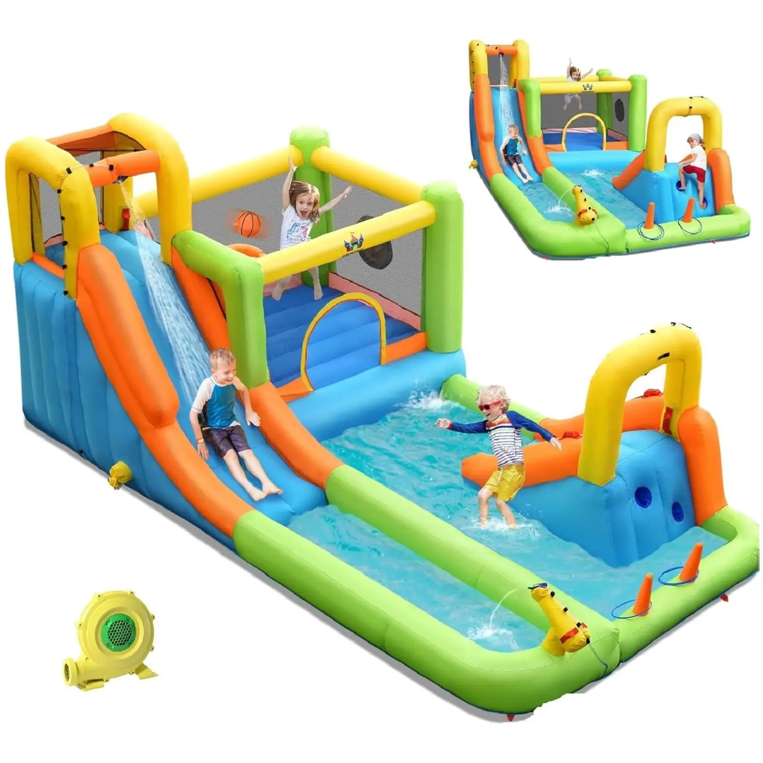 【Dealsforyou】Costzon Kiddie Inflatable Multi-Purpose Backyard Water Slide with Air Blower, Outdoor Party Toy Gift for Kids
