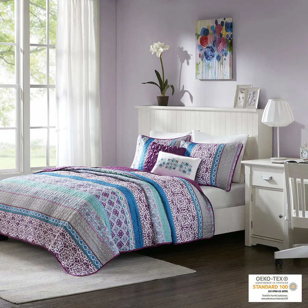 Antimicrobial Reversible Quilt Bedspread Set - Bold Colors Twin Size Bed Sets with Throw Pillows, Decorative Bedding Set