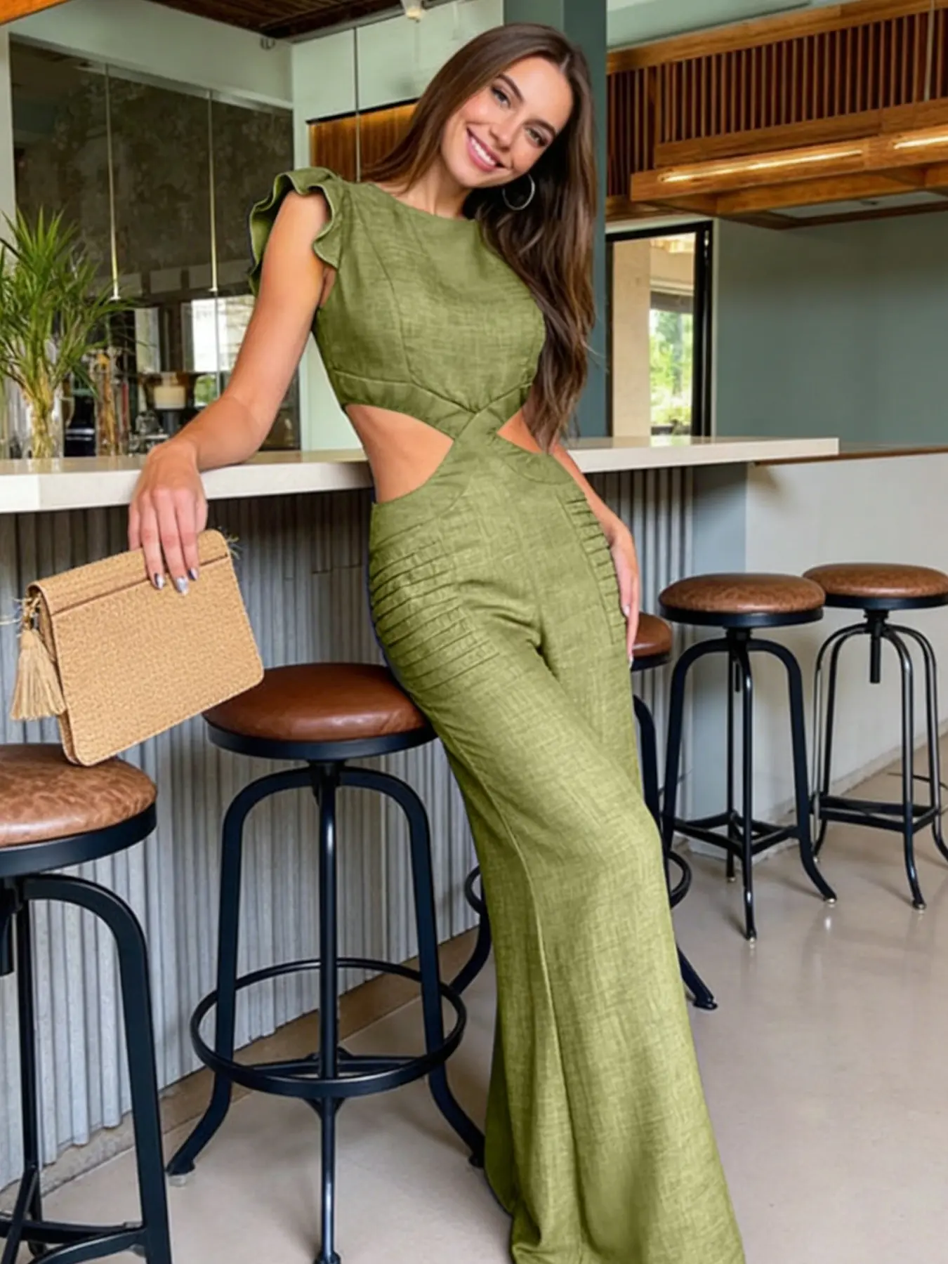 One women's fashion vacation trendy style blue ruffle sleeve design waist double side cutout wide leg Fitted jumpsuit flounce sleeve romper Womenswear for all seasons date street wear suitable for all seasons suitable for home indoor and outdoor wear
