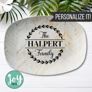 Light Wood Chevron Custom Monogram Floral Wreath Platter