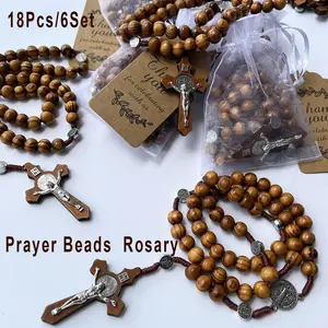 18pcs Vintage Handmade Wooden Bead Cross Rosary Party Gifts, Includes 6 Rosaries, 6 Cards, 6 Organza Bags. Catholic Rosary, Baptism Favors, Wedding Gifts, First Communion Gifts, Church Donations, Party Souvenirs, Catholic Keepsakes, Christmas Gifts