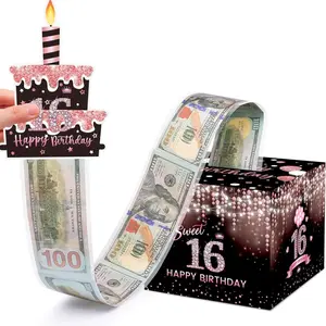 Sweet 16th Birthday Money Box For Cash Gift, Surprise Pull Out Money Gift Box With 100Pcs Transparent Bags-Fun Ways to Give Cash as A 16th Birthday Gift For Girls