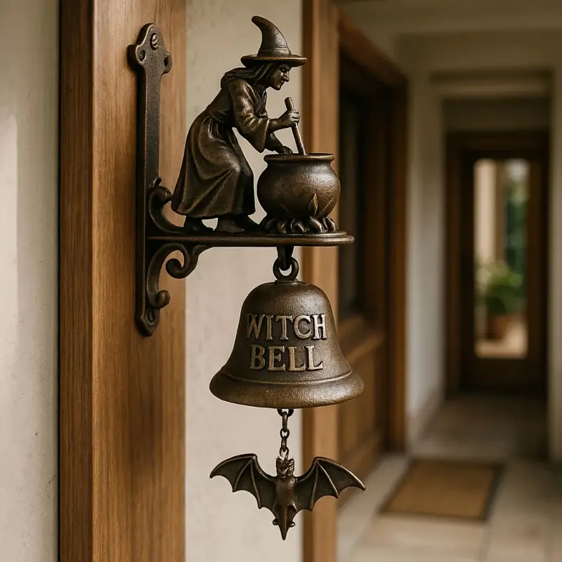Resin vintage witch Doorbell Chime, Halloween party decorative bell with a witch riding a broom, suitable for front doors, porches, home decor, and wall decorations