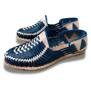Handmade Mexican Leather Slip-On Shoes for Men – Escalera Design, Comfortable Flats, Genuine Leather Huaraches. Blue and Natural Color