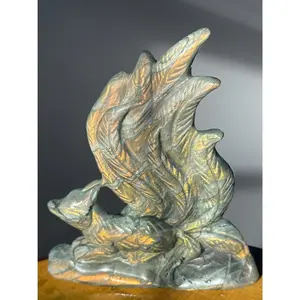Labradorite Fox, Nine Tail Fox Crystal Carving, sunset labradorite carving,
