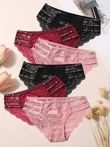 Women's Low-Waist Floral Print Lace Panties Set, Sexy Semi-Transparent Belted Underwear, Love & Secret Letters, &, Casual Wear Lingerie