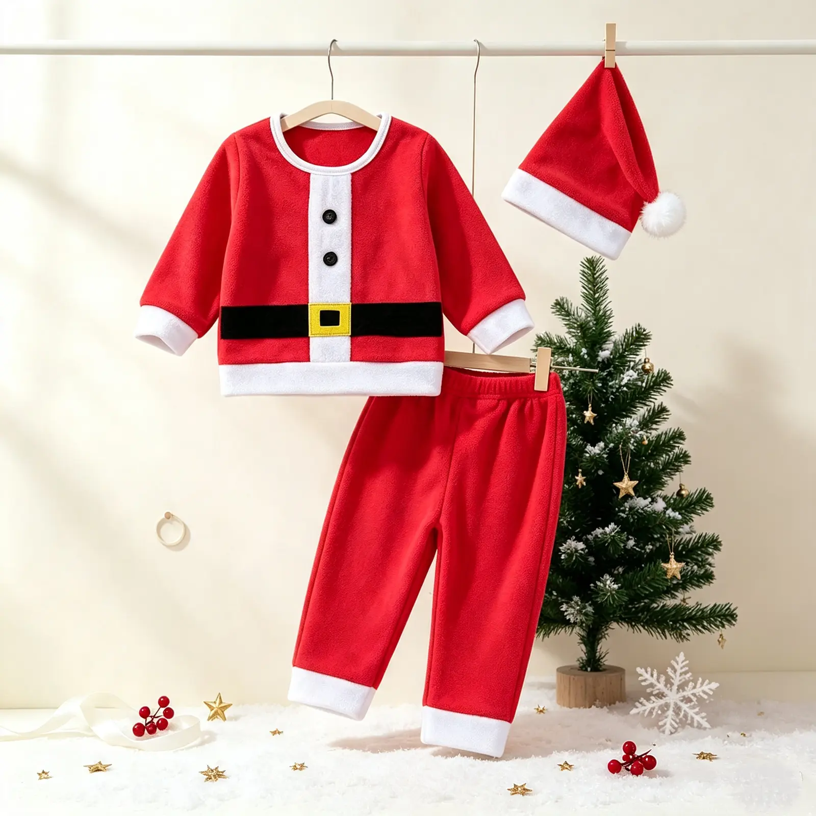 Toddler Girls Boys Christmas Outfits Belt Print Buttons Patchwork Long Sleeve Tops Long Pants Santa Hat 3Pcs Fall Clothes Set