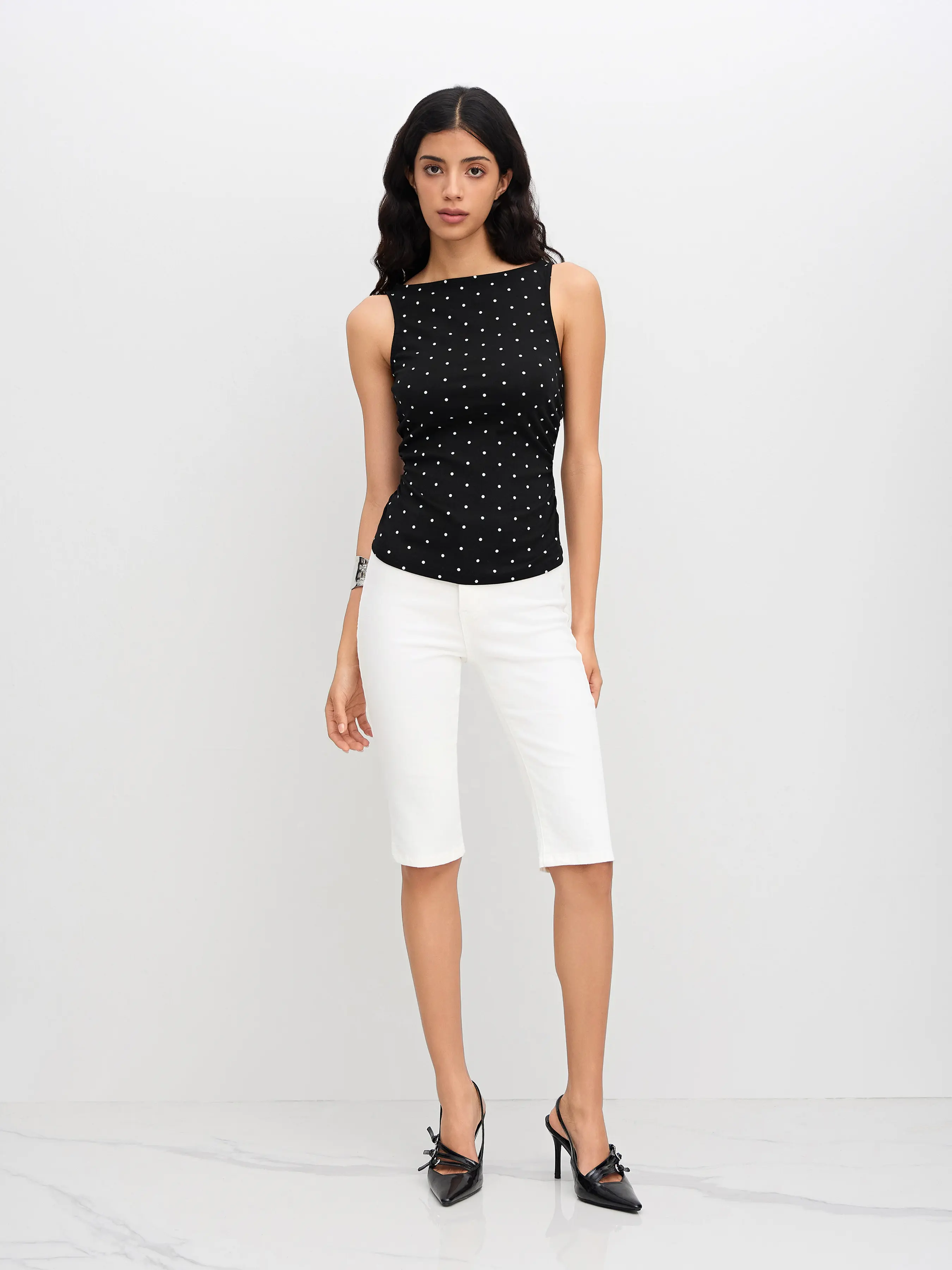 Cider Cotton-blend Boat Neck Knotted Polka Dot Ruched Tank Top