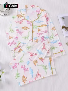 2-piece set of women's Tyrannosaurus rex long neck deer long sleeved pants, soft and comfortable top, small pocket, button closure, elastic waistband, suitable for all seasons home, casual wear, Loungewear, Pajamas