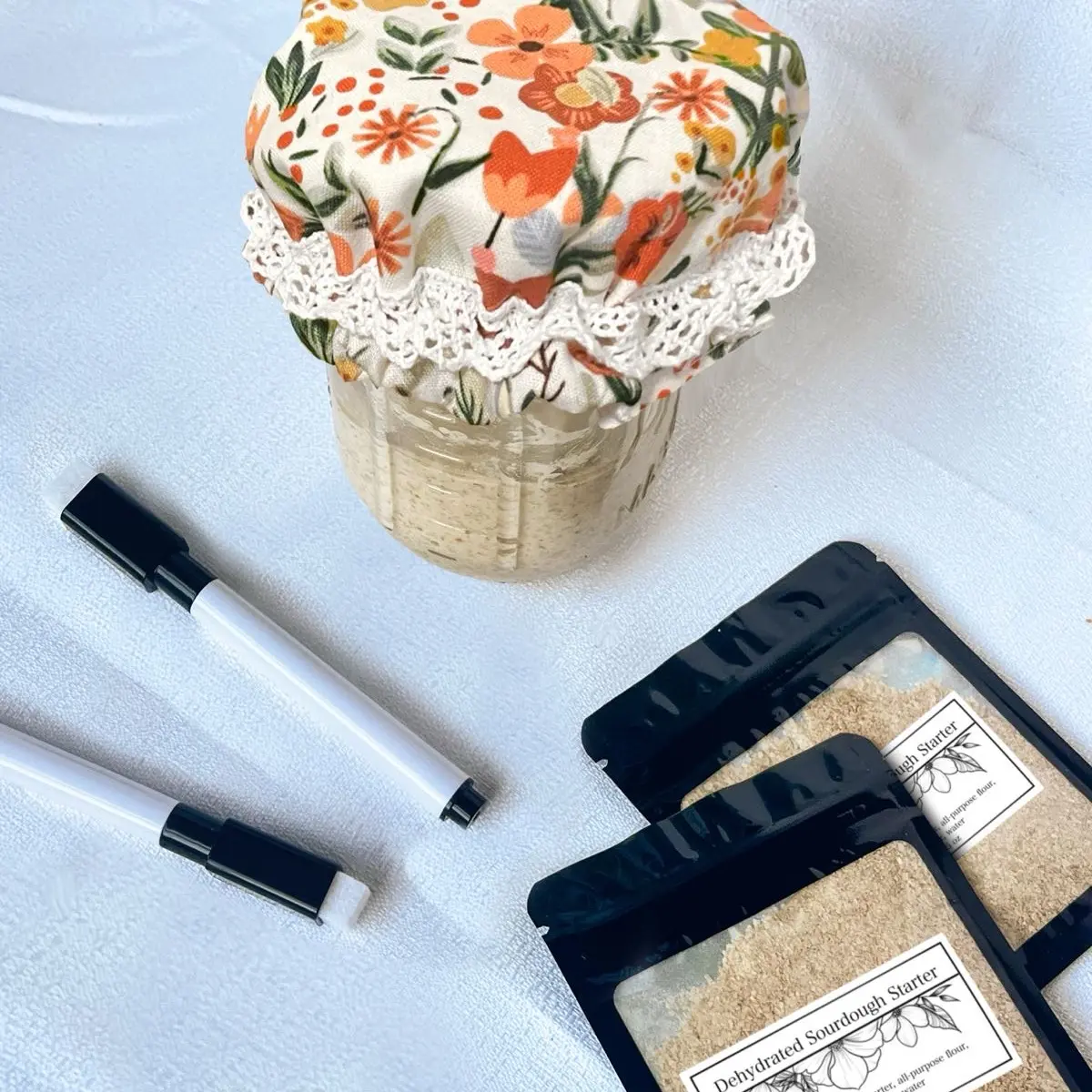 Sourdough Starter Kit - 1 Handmade Jar Cover, 1 Packet Dehydrated Sourdough Starter & 1 Growth Marker + Detailed Instructions For Hydrating & Baking  |  Great for Christmas, Holiday and Birthday Gifts