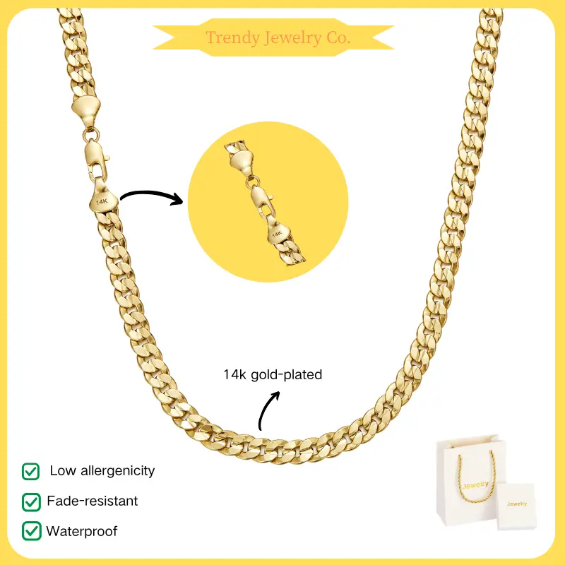 10mm Embossed 14K Gold Cuban Link Chain, Waterproof & Tarnish-Resistant Textured Miami Necklace (18“-24”)