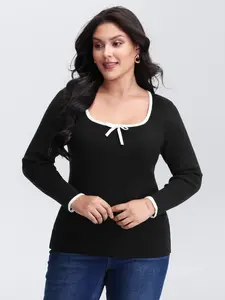 BloomChic Women's Knitting U-Neck Square Neck Bowknot Fitted Long-Sleeve Pullover - Slim-Fitting Minimalist Casual Chic Plus-Size Top, Summer Wear