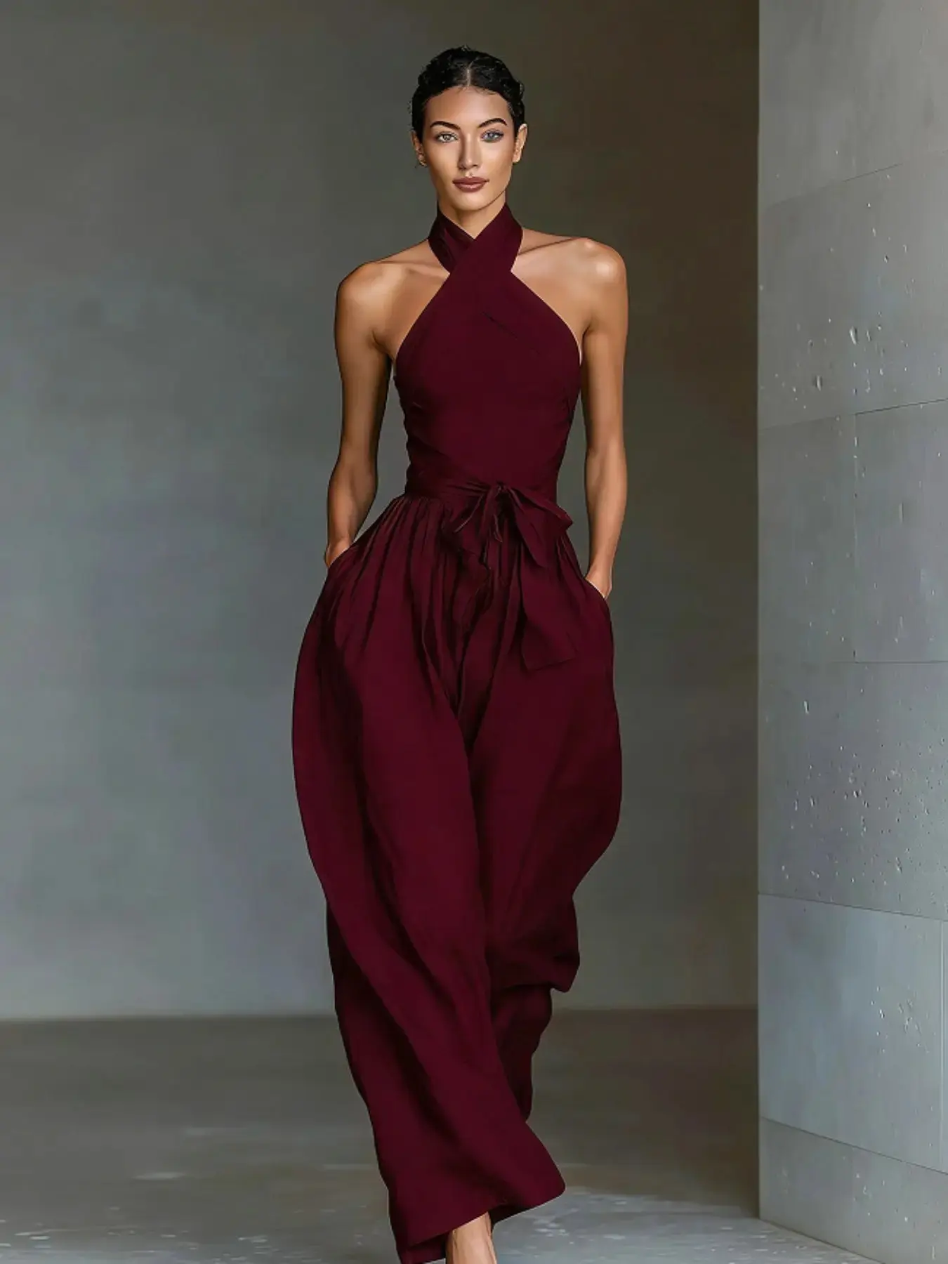 Women's Sleeveless Halter Cross Neck Jumpsuit, Casual Basic Jumpsuit, Wide Leg Palazzo Pants, Tie Waist One Piece, Casual Summer Resort Wear, Elegant Romper with Pockets