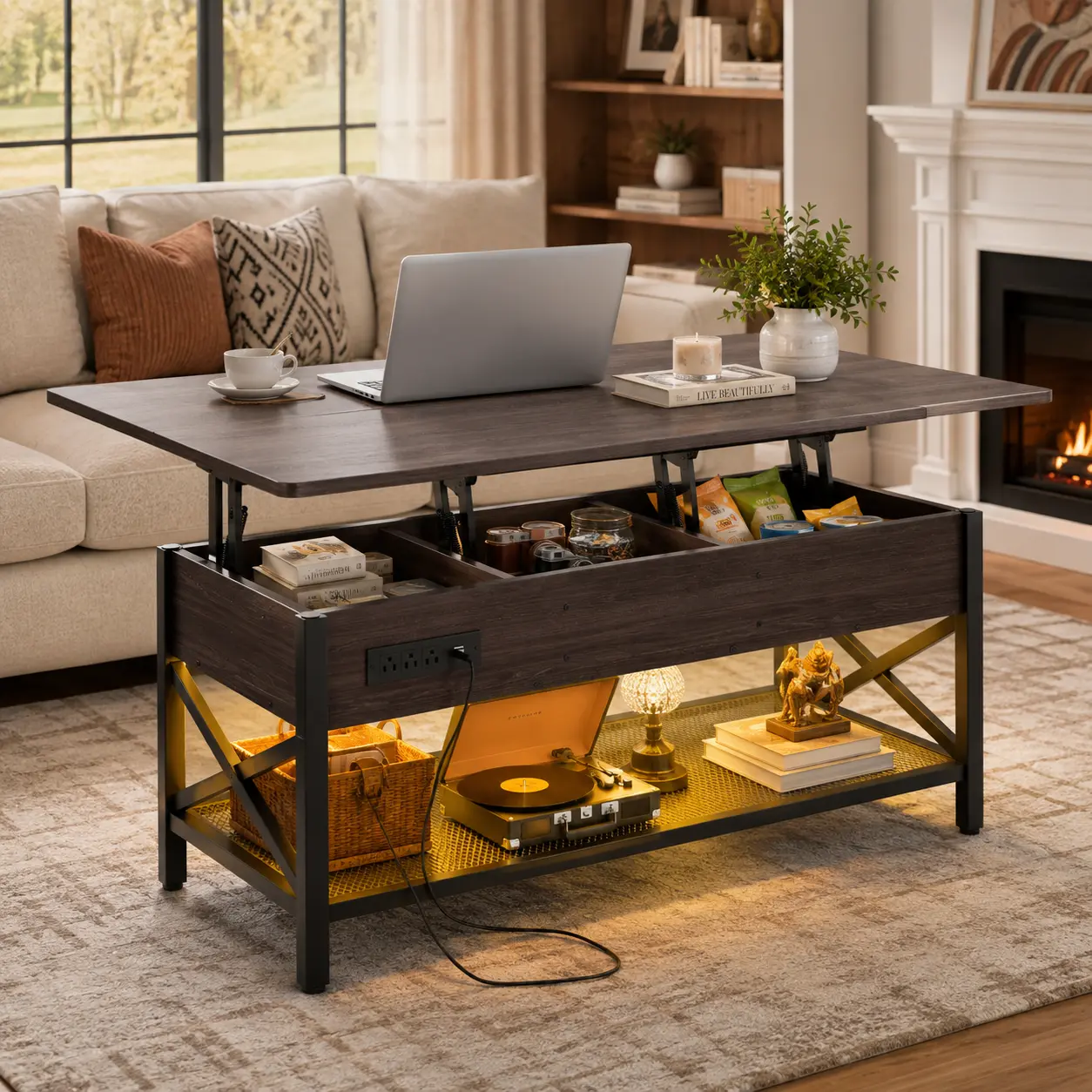 Lift Top Coffee Table with Power Outlets,41"W Foldable Table with Storage Shelf and Hidden Compartment,LED Light,for Living Room Dining room