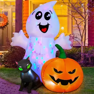 Halloween Inflatable 5FT Ghost with Black Cat and Pumpkin, Built-in LEDs Blow Up Yard Decoration for Party Outdoor Yard Garden Lawn