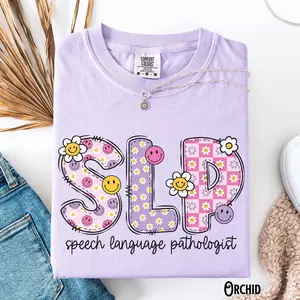 SLP Shirt: Comfort Colors Tee, Speech Therapy Design, Happy Face, Flower - Therapist/Assistant Gift