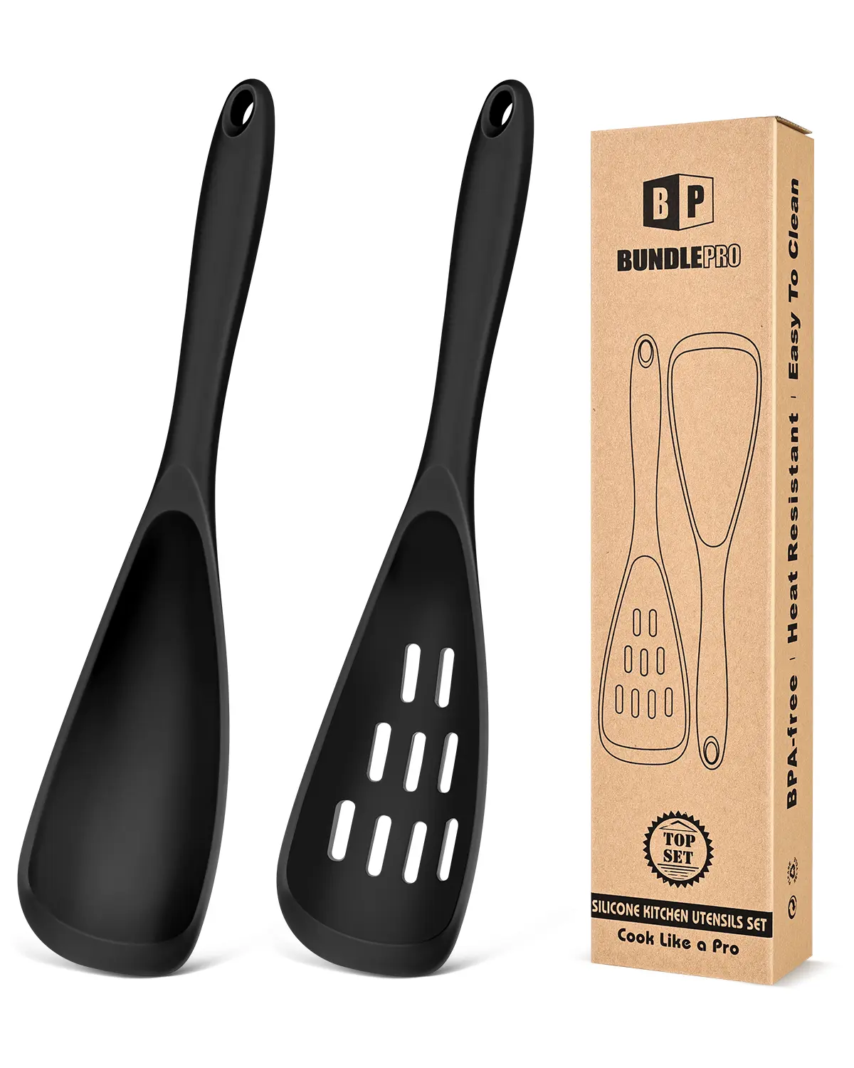 BundlePro Silicone Cooking Spoons - 2-Piece Non-Stick Hanging Spatulas with Holes for Nonstick Cookware, BPA-Free, Heat Resistant, Multifunctional Everyday Kitchen Supplies Set, Two Pieces