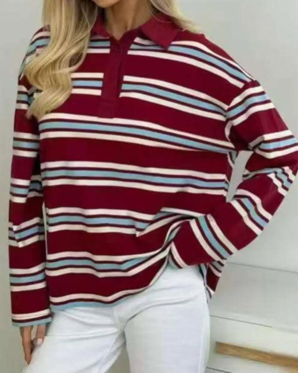 Women's Striped Long-Sleeve Collared Polo Shirt - Polyester-Cotton Blend, Oversized Relaxed Fit, Hip Length Cut, Casual Comfortable Womenswear Top