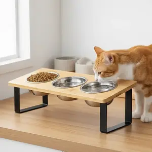 Cat Food Bowl Stand, 15° Tilted Cat Food Bowl, Stainless Steel Cat Bowls for Indoor Cats, Wood Pet Feeding Stand, Pets Feeding Supplies