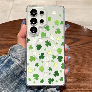 Modern geometric clover design transparent phone case with magnetic ring supporting wireless charging. Compatible with iPhone 17/16/15/14/13/12/Plus/Pro/Max/Air and Samsung S23/S24/S25 - A fresh and stylish gift choice, perfect for holidays.