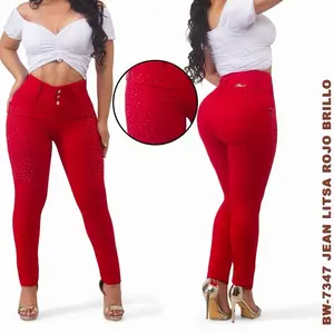 B73-47 Luxury Red Colombian Jeans   Rhinestone Detailing