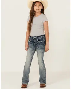 Girls' Light Wash Steer Head Pocket Bootcut Stretch Denim Jeans