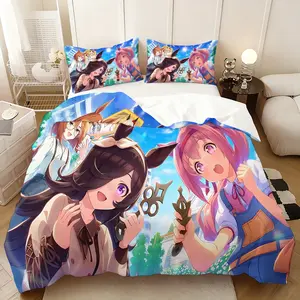 3PC，Uma Musume Pretty Derby poster three-piece bedding set, soft, comfortable and skin-friendly, universal in all seasons, bedding set, no pillow core, no quilt core, suitable for bedrooms, guest rooms - (1 quilt cover + 2 pillowcases)