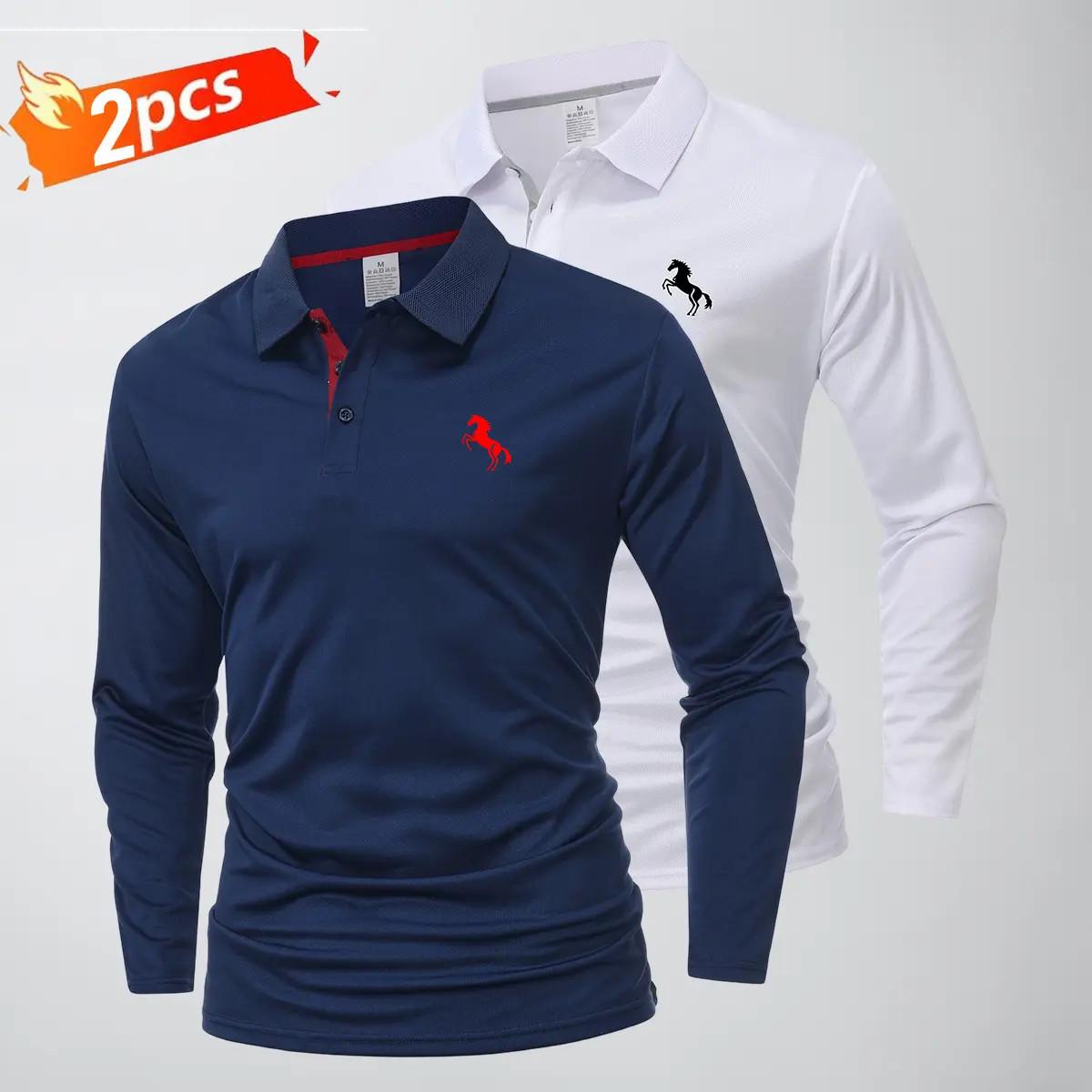 Men’s 2PCS Classic Polo Shirts - Menswear, Athletic Sportswear, Plain Longsleeves, Contrast Collar, Stretchable Quick-Dry, Fashion Prints, High Performance for Golf, Outdoor Work Tops, Activewear, Mens Clothing, Polyester