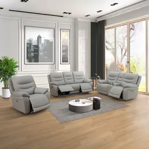 Light Grey Breathing Leather and PVC 3-Piece Living Room Recliner Sofa set