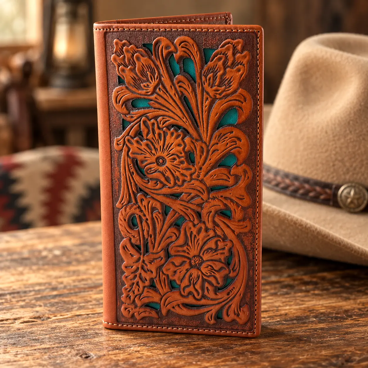 Western Floral Tooled Genuine Leather Long Bifold Checkbook Wallet with 13 Card Slots & ID Holder
