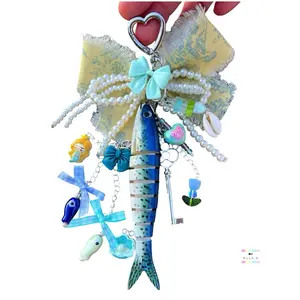 Blue French Toile Fancy Fish Bag Charm / Segmented & Realistic Fish Handmade Toile Coquette Bow Charm / Blue Toile Cotton Bow Fancy Acrylic Fish Bag Charm / Charm Fashion Accessory