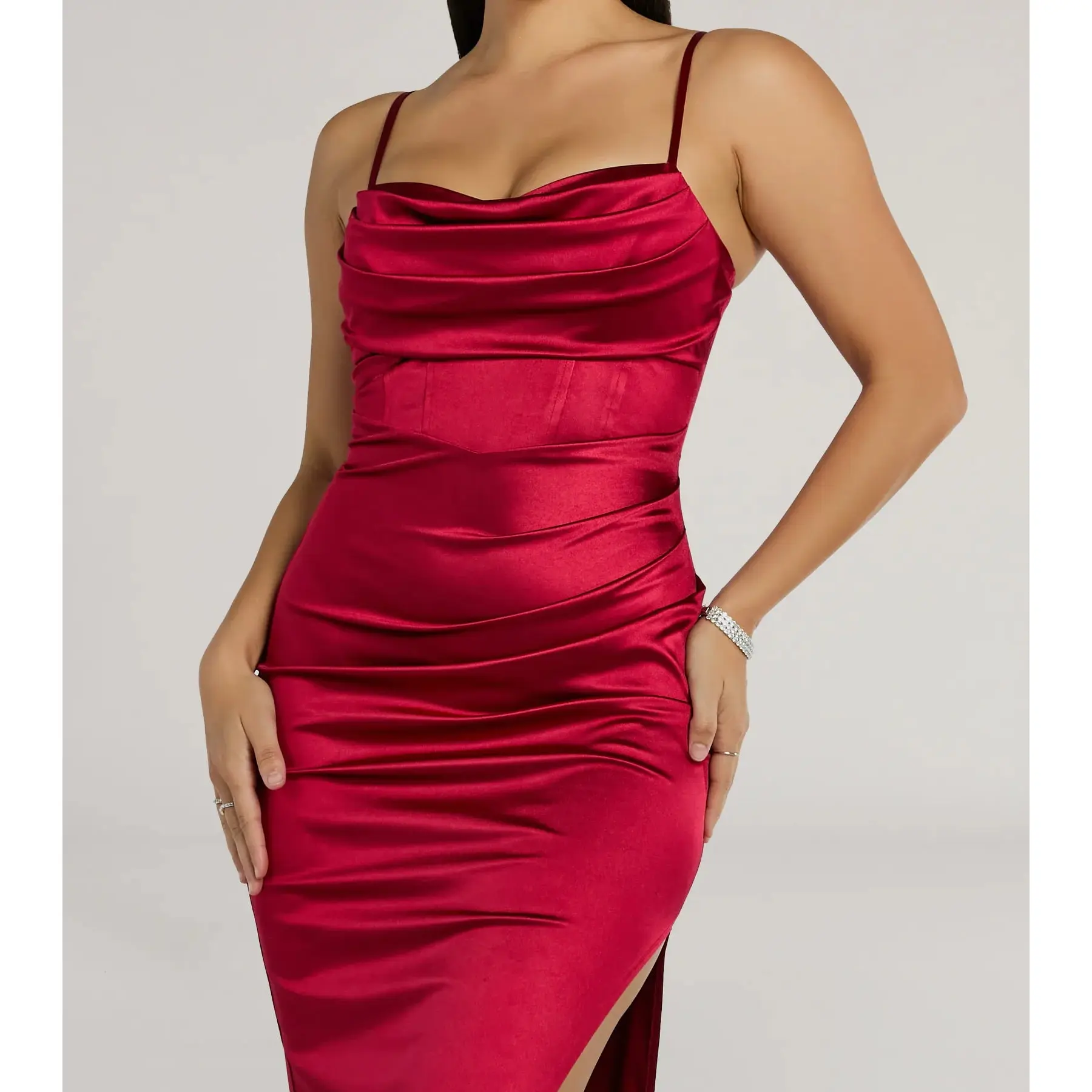 Iliana Cowl Neck High Slit Satin Column Dress