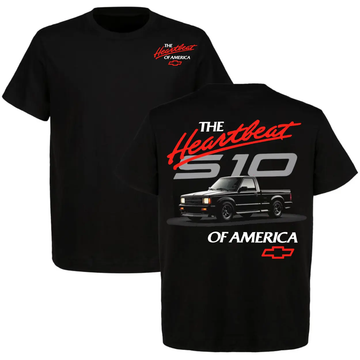 Vintage Chevy S10 Pickup OBS Truck Car Crewneck Short-Sleeve Cotton Top - 2-Sided Racing Style, "The Heartbeat Of America" Print - Sports Apparel, Ideal Gift For Him, Shortsleeve