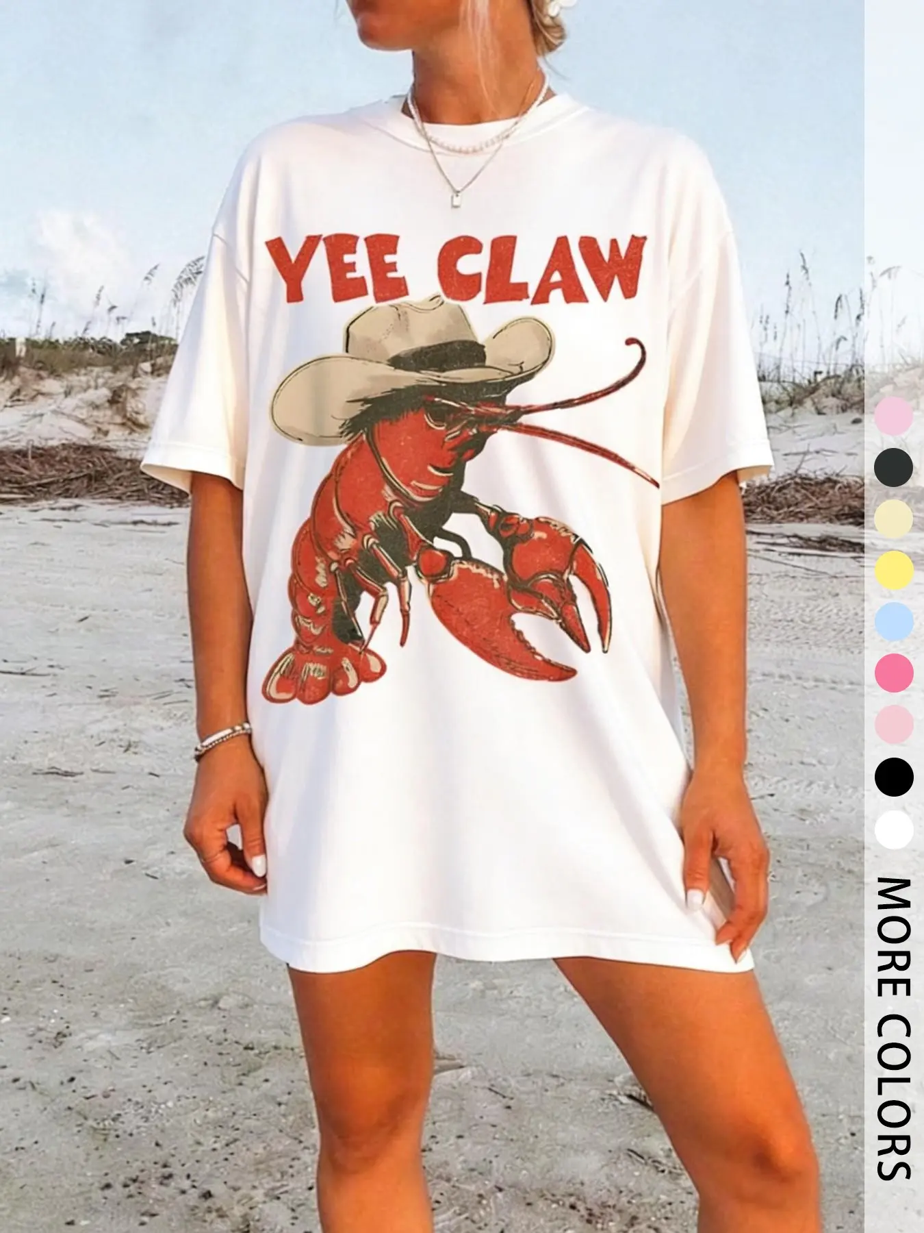 Women's Oversized Western Style Lobster Graphic Print T-Shirt, Yee Claw Print Casual Short Sleeve Summer Top, Suitable for Beach & Daily Wear Fit