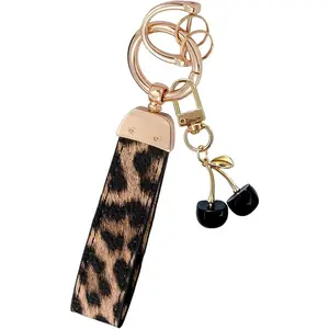 B Cherry Keychain Wristlet Leather Car Keychain for Women Cute Purse Bag Charms Key Fob Holder with Keyrings Gift