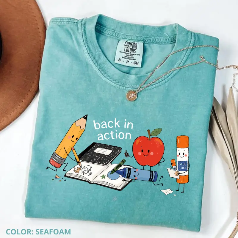 Comfort Colors Back In Action Shirt, Back To School Teacher Tee, First Day of School Shirt, Cute Apple Pencil Crayon Tee, Funny Teacher Gift