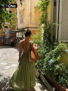 Elegant Vintage Square Neck Midi Dress with Tie Back, Slim-Fitting Cap Sleeve, Casual Solid Plain Design for Vacation Style