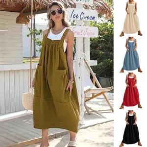 SCUSTY Women's Plus Size Apricot Cotton Barrel Midi Dress with Adjustable Straps & Big Pockets for Summer Casual Wear