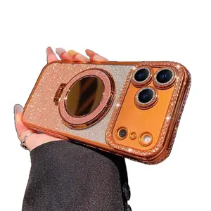 iPhone 17 Orange iPhone 16 Case Magnetic Mirror Stand iPhone 17 Pro Max Protective Cover 15 14 Electroplated Edge Diamond