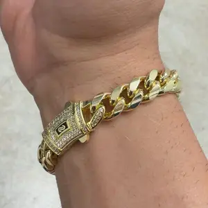 14k Gold Plated Miami Cuban Link Chain Bracelet Thickened with Stainless steel zirconium spring clip 7.5/8.5 inch Hip-Hop Jewelry for Men/Women Hypoallergenic Material, Sweat-Resistant