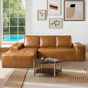 114" Leather Sectional Couch with Comfy Chaise, Boneless L Shape Sofa with Deep Seat, Minimalist Modular Couches Sleeper for Living Room Lounge,Brown