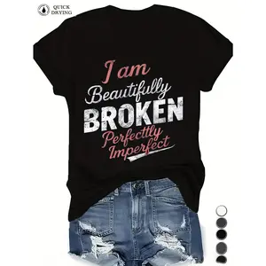 Plus Size Women's Knitted Short-Sleeve T-Shirt - "I Am Beautifully Broken, Perfectly Imperfect" - Casual Summer Round Neck, Machine Washable Black Top, Shortsleeve