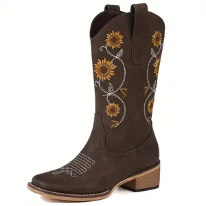 Women's Mid-Calf Western Cowboy Boots with Sunflower Embroidery, Square Toe Pull-On Design, Brown Faux Cover Retro Country Style Boots for Concerts, Idyllic Outings & Casual Wear, Outdoor Adventure Boots |     Retro Cowboy Boots |     Rubber Sole Boots