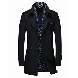 Men’s Wool Blend Trench Coat with Detachable Soft Scarf, Notched Lapel Collar, Double-Breasted Overcoat