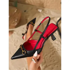 Chic Pointed-Toe Leather Slingback Kitten Heels with Metal Bit Detail, Stylish Fashion Footwear, Perfect for Brunch Dates, Office Looks, Casual Outings and Daily Elegant Style(Sheets)