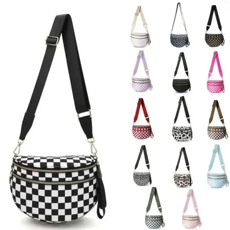 2026 New Women Checkered Nylon Fanny Pack | Y2K Trendy Crossbody Belt Bag | Adjustable Strap Sling Purse | Large Capacity Lightweight Waist Pouch | Casual Hands-Free Bum Bag for Street Style, Daily Errands, Summer Vacation & Outdoor Festival Travel